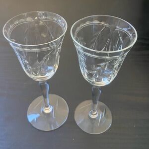 Vintage Depression Floral Cut Crystal Sherry Cordial Glasses Set of 2